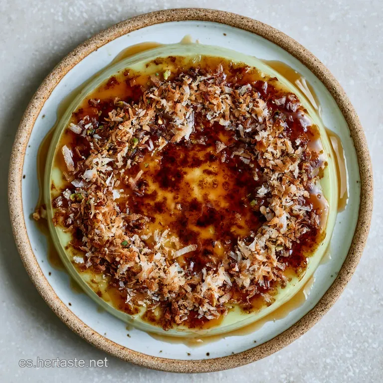 Flan verde suave con hilos de caramelo &aacute;mbar, adornado con pistachos picados sobre una base de cer&aacute;mica blanca.