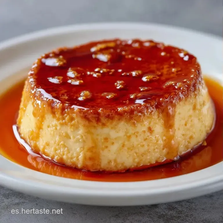 Porci&oacute;n de flan suave y terso con hilos de alm&iacute;bar &aacute;mbar cayendo por los lados, adornado con una hoja de menta fresca.