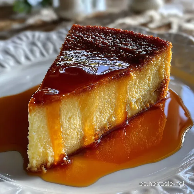 Slice of homemade flan, its creamy texture contrasting with the dark caramel drizzle on a clean white plate. Simple elegance.