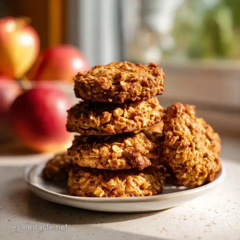 Arrangement of warm, golden-brown oat and apple cookies on a rustic wooden board.