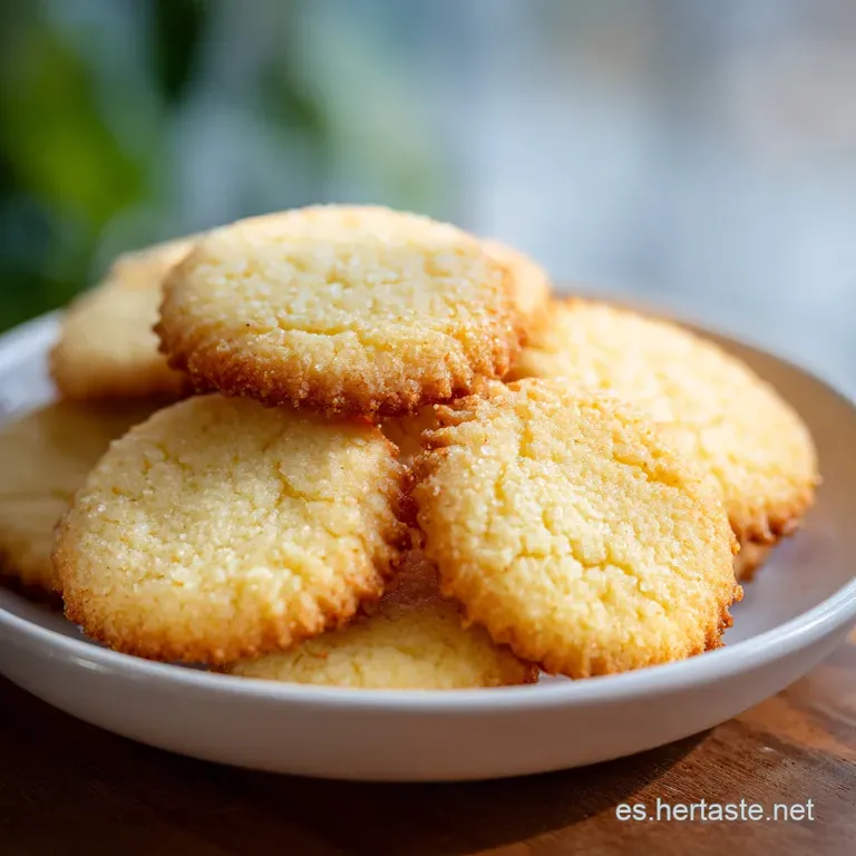 Stack of delicate butter cookies, lightly dusted with powdered sugar, displayed on a vintage plate. Simple elegance.
