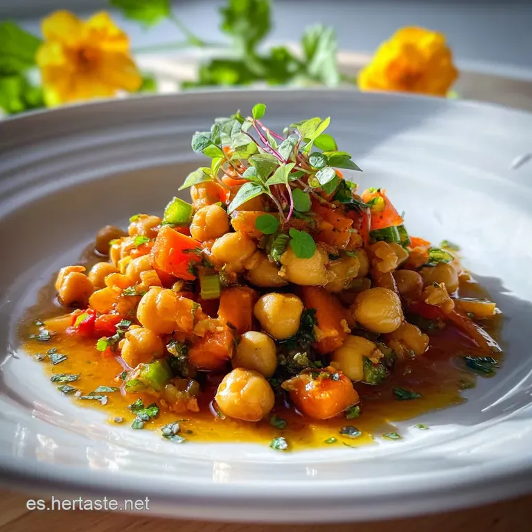 Steaming bowl of garbanzos with bright vegetables, garnished with fresh herbs. A visually appealing and healthy plant-base...