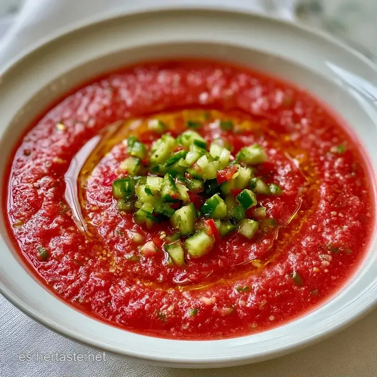 Copa de cristal con crema roja vibrante, un hilo de aceite dorado y verduras picadas finamente en la superficie.