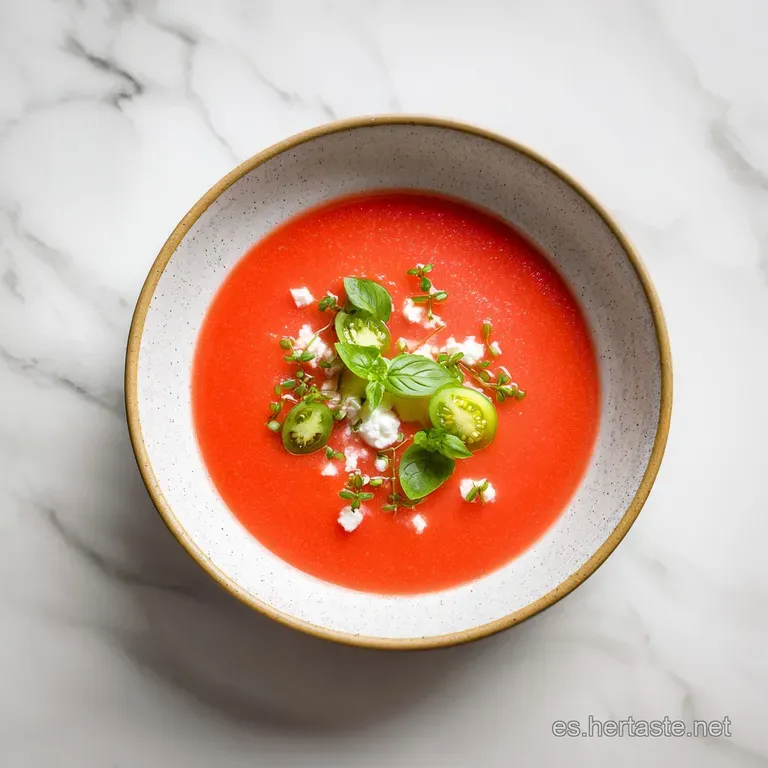 A chilled bowl of bright red gazpacho, adorned with a drizzle of olive oil and tiny croutons.