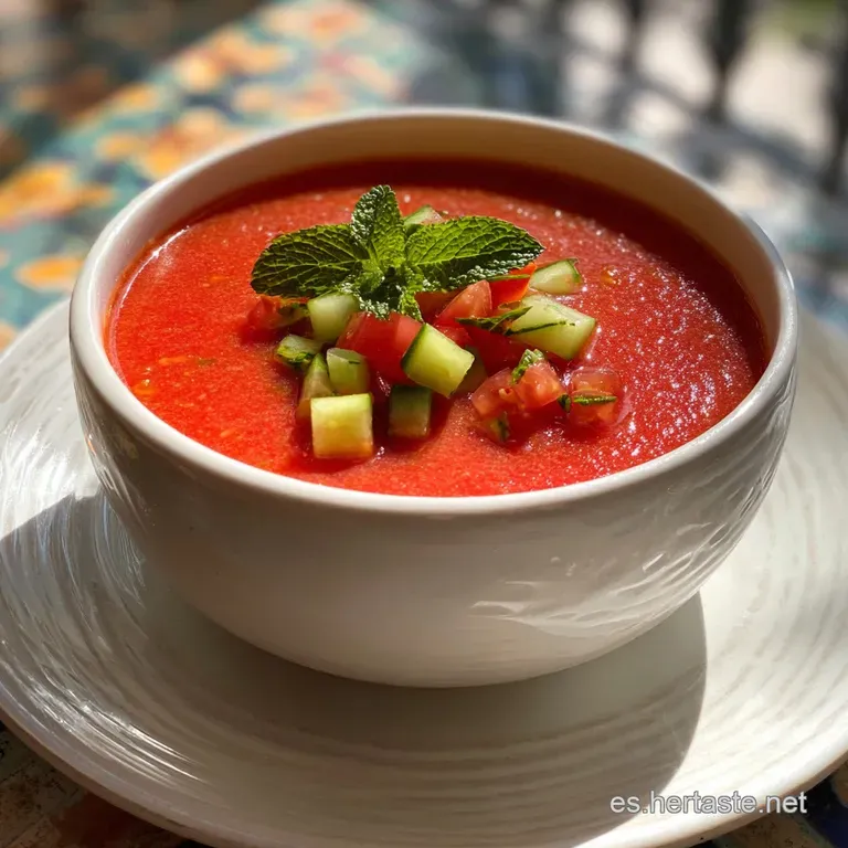 Elegant glass bowl filled with ruby-red strawberry gazpacho. Garnished with basil, cucumber, and a swirl of cream. Refresh...