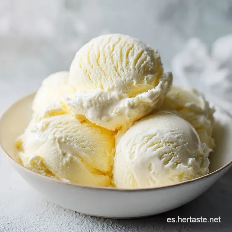 Elegant scoop of creamy, light yellow ice cream melting slightly on a glass dessert plate. Garnished with a sprig of fresh...