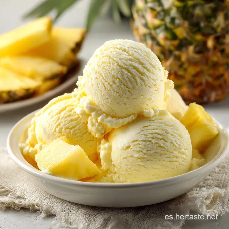 Scoops of creamy pineapple ice cream in a glass dish, topped with fresh pineapple wedges. A summery, refreshing dessert. H...