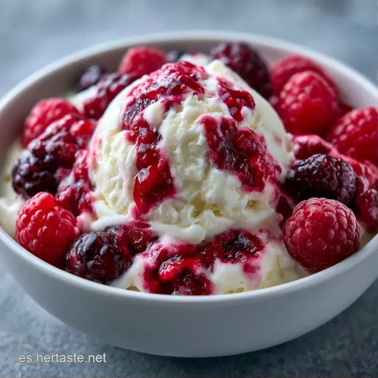 Copa de cristal con helado blanco, frutos rojos brillantes y un hilo de miel dorada que resbala suavemente por el borde.