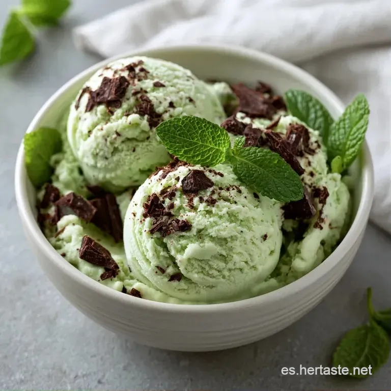 Helado verde p&aacute;lido en bol blanco, adornado con menta fresca y virutas de chocolate negro sobre un fondo neutro.