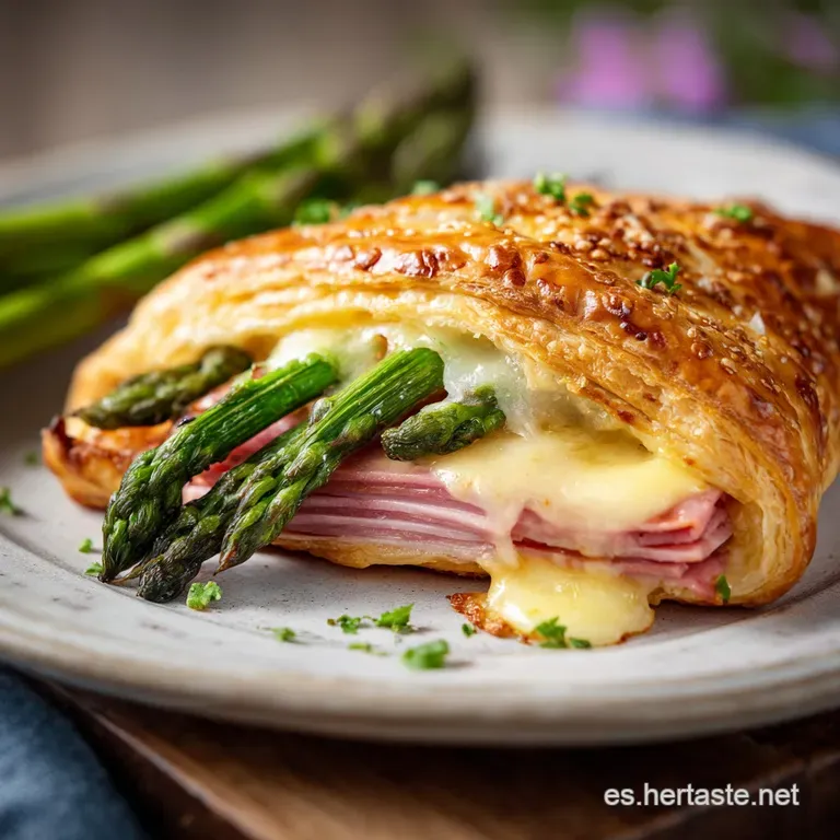 A slice of golden, layered puff pastry revealing vibrant veggies. Garnished with herbs, it sits elegantly on a white plate.