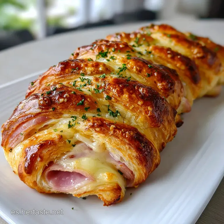 A delicate slice of layered pastry reveals ham and cheese filling, served with a fresh green salad and a light vinaigrette...