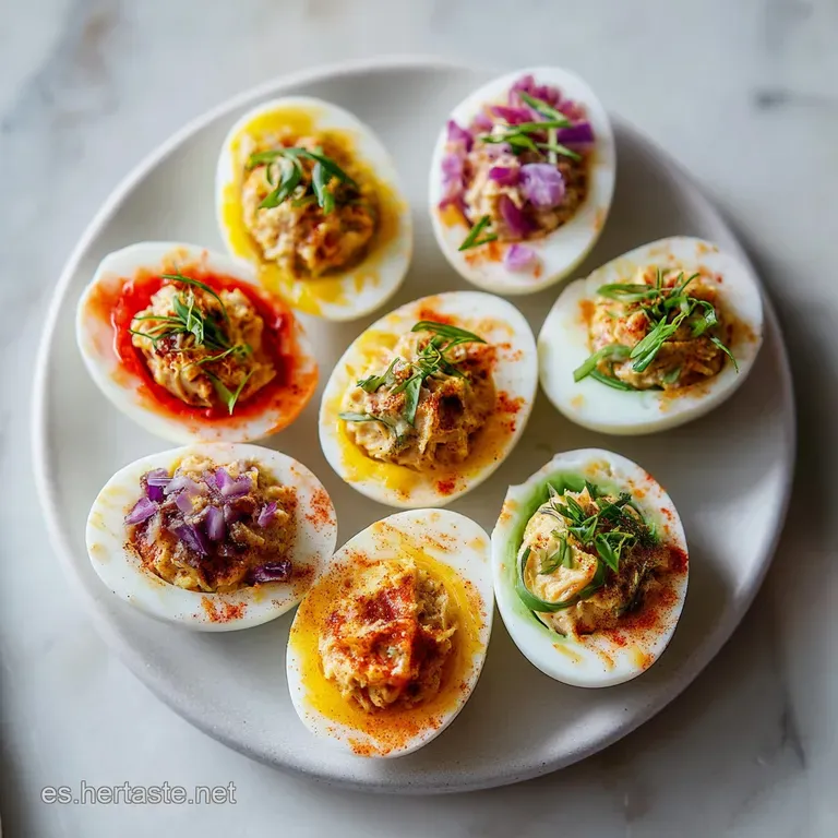 A neat stack of halved, cream-filled eggs, drizzled with a light sauce and a scattering of paprika, artfully arranged.