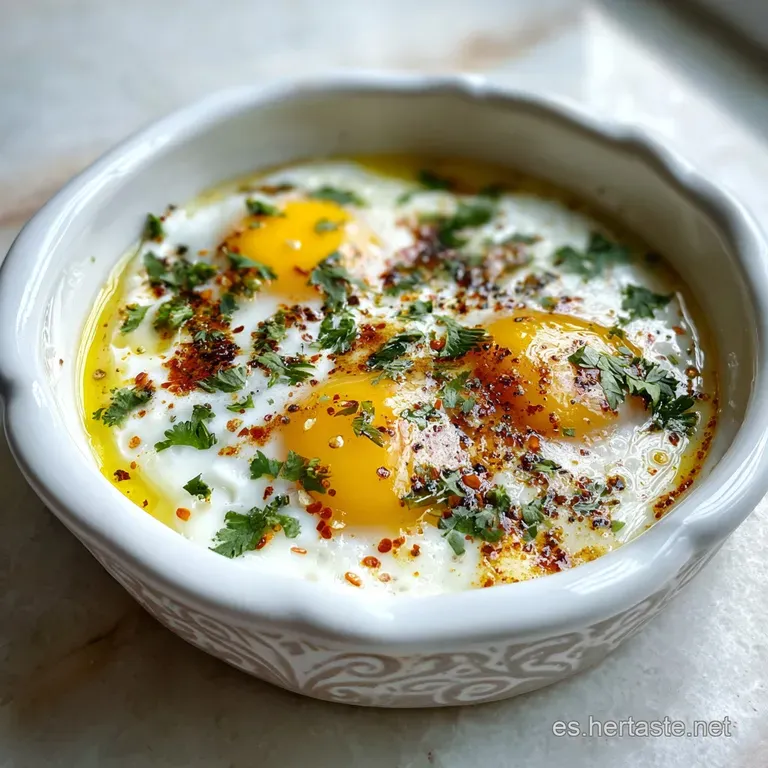 Elegant plate of Turkish eggs with a vibrant swirl of paprika-infused oil, topped with herbs, and paired with crusty bread.