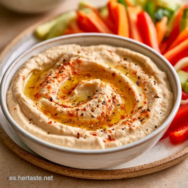 Plato cerámico blanco con dip cremoso decorado con pimentón rojo, semillas de sésamo y verduras crujientes y coloridas.