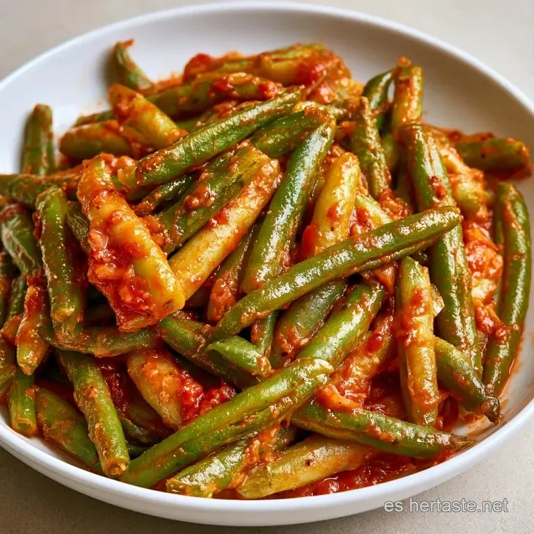Montículo ordenado de judías verdes tiernas con hilos de salsa roja intensa y un toque de perejil fresco picado arriba.