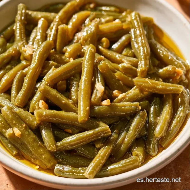 Judías verdes dispuestas con orden, resaltando su tono verde oliva y un brillo jugoso sobre un plato de cerámica.