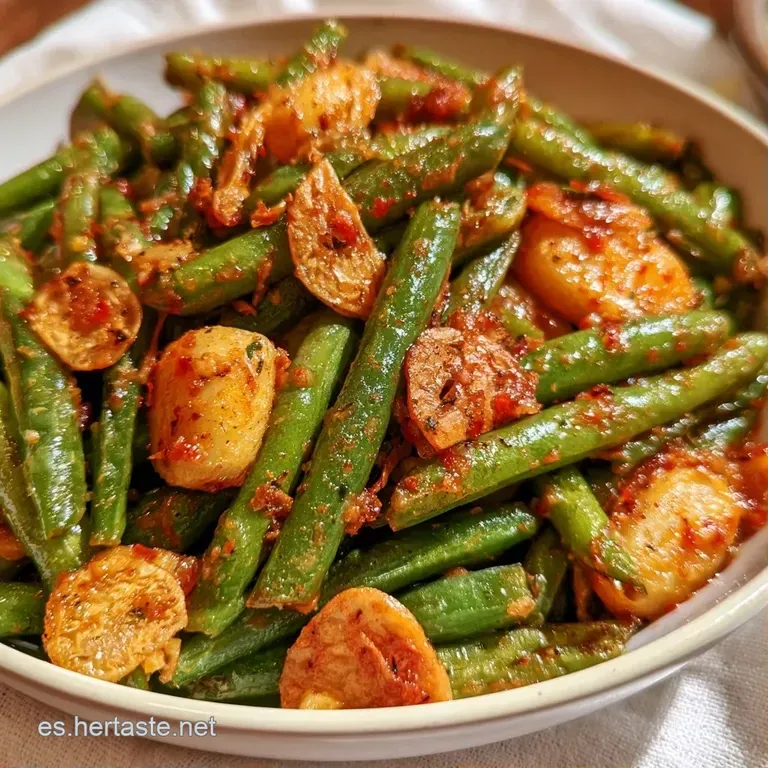 Montón ordenado de vainitas verde intenso con brillo aceitoso, servidas en plato cerámico con toque de pimienta negra.