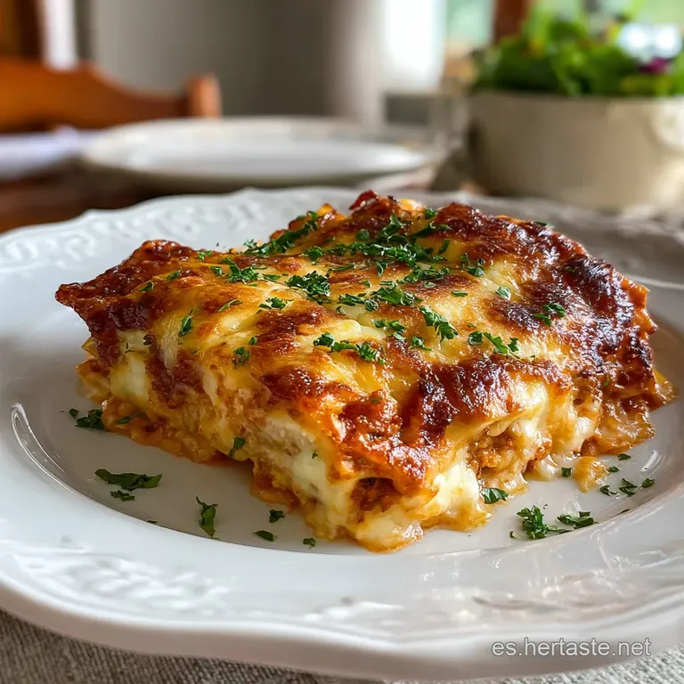 A slice of layered lasagna revealing rich, meaty sauce and melted cheese. Garnished with fresh herbs on a white plate, inv...