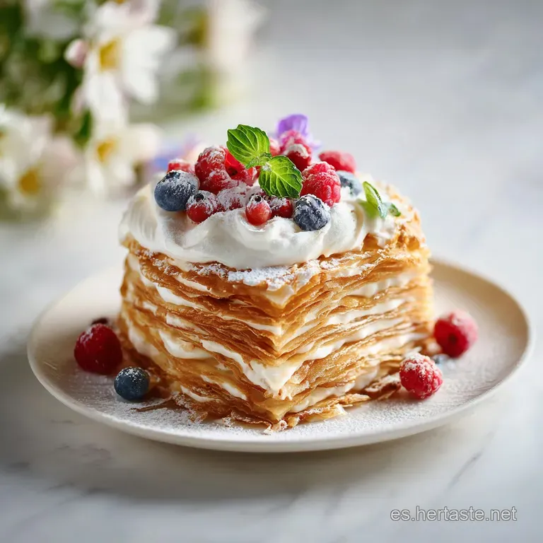 Stacked pancake lasagna slice showcasing visible, distinct layers of fluffy pancakes, vibrant red sauce and creamy white c...