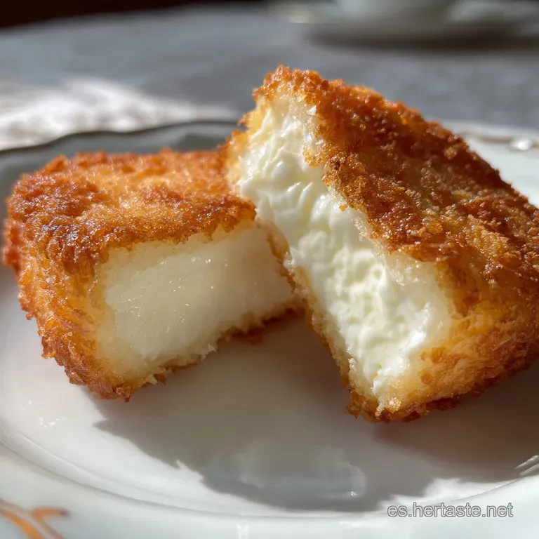 Creamy leche frita squares drizzled with honey, garnished with a sprig of mint on a white plate, inviting and warm.