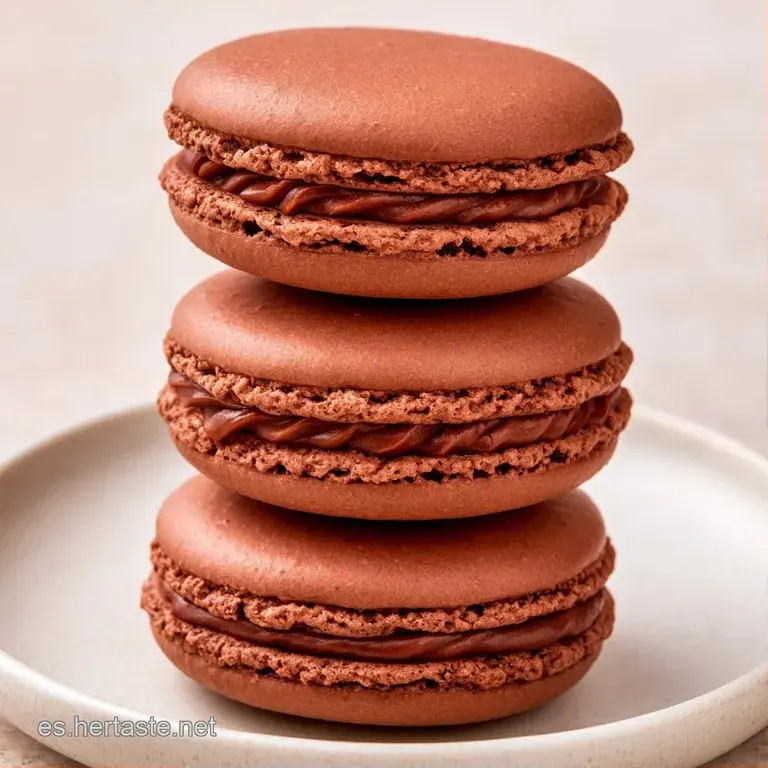 Macarons marrón oscuro apilados con elegancia en plato blanco, resaltando su textura lisa y bordes rizados.