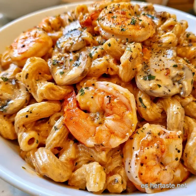 Plato blanco con pasta cremosa, gambas brillantes y láminas de champiñón, decorado con hierbas verdes y luz natural.