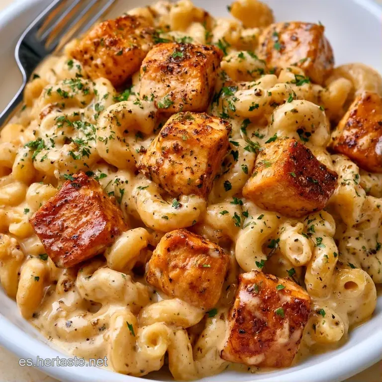Macarrones envueltos en crema espesa servidos en plato blanco, decorados con pimienta negra y hojas verdes brillantes.