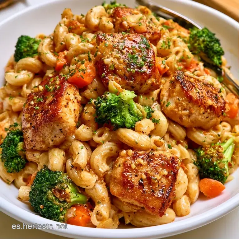 Pasta cremosa servida en plato hondo con pollo jugoso, decorada con hierbas verdes y un toque de pimienta negra molida.