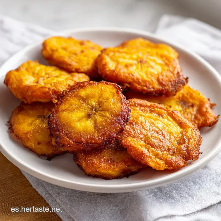 Tower of fried sweet plantains, glistening with sauce, artfully stacked on a white plate. Fresh cilantro adds a pop.