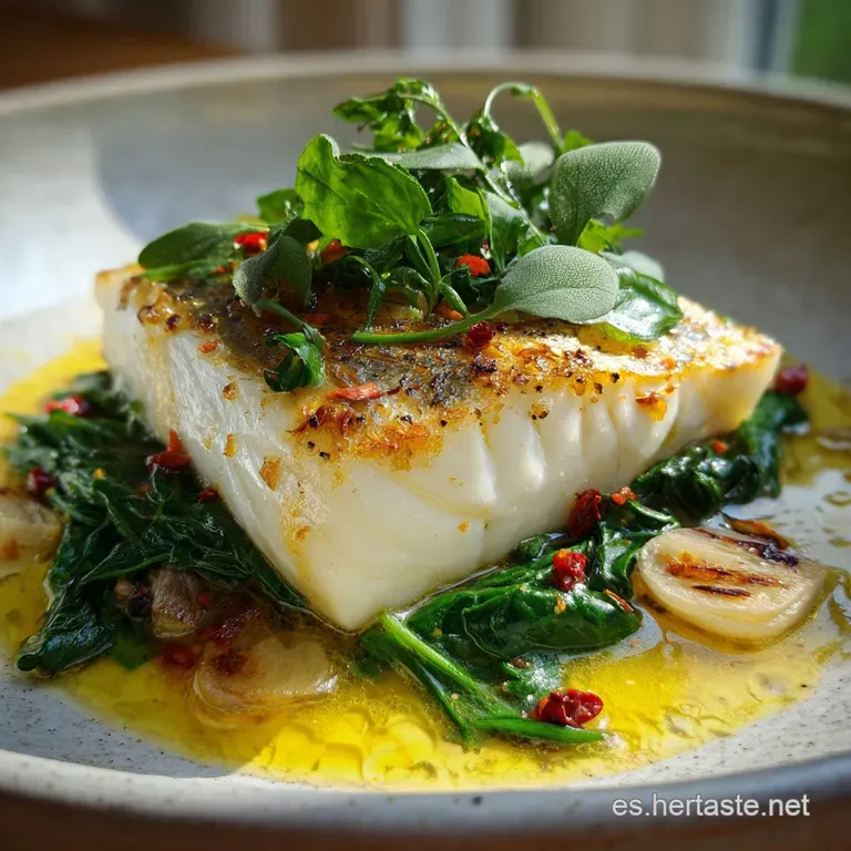 Flaky baked hake fillet served with tender potatoes, bright parsley garnish, a drizzle of oil reflecting the light, inviti...