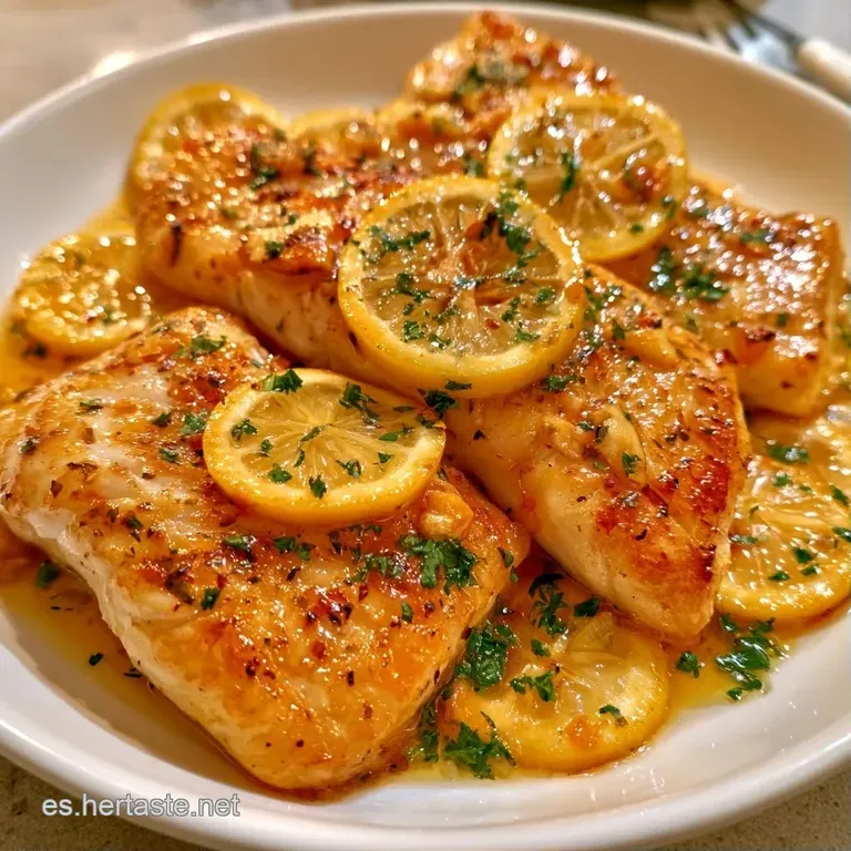 Filetes de pescado blanco dispuestos con elegancia, decorados con finos gajos de limón y un toque de aceite brillante.