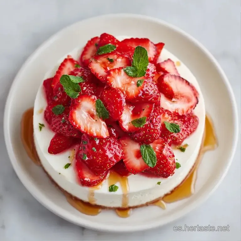 Elegante montaje de mousse blanca y suave en cristal, adornada con fresas rojas jugosas y un toque de menta fresca.