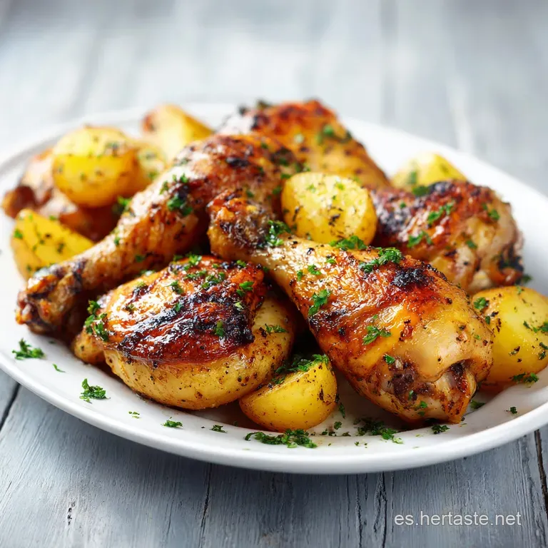 Plated baked chicken leg, juicy and browned, next to fluffy rice and steamed green beans, drizzled with pan juices.