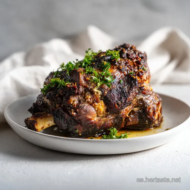 Elegant plating of tender lamb shank with a rich pan sauce and vibrant green asparagus spears.