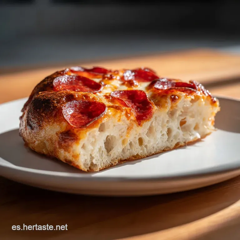 A thick slice of pepperoni-stuffed bread, with melted cheese dripping and a sprinkling of herbs, on a clean white plate.