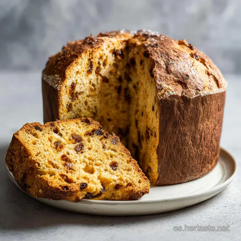 Slice of airy panettone on a plate with glistening candied orange peel and plump raisins, suggesting a moist, delectable b...