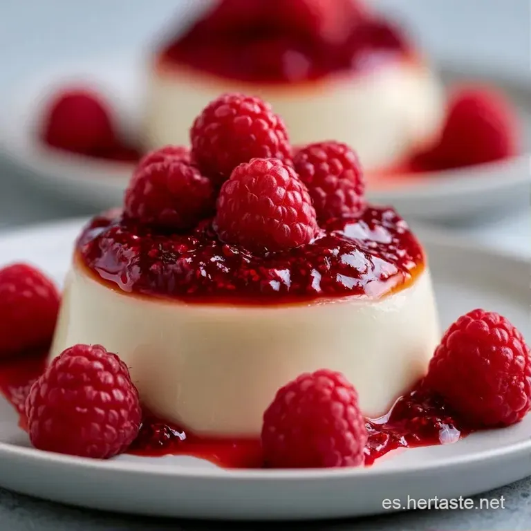 Postre blanco desmoldado y sedoso sobre plato blanco, decorado con gotas de salsa roja y una hoja de menta fresca.