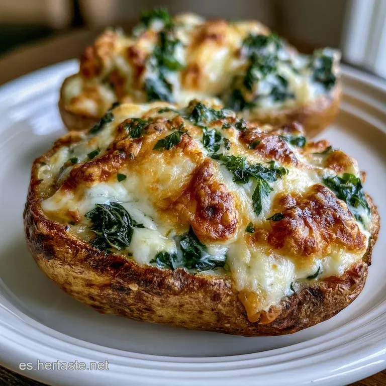 Rodajas de papa tostada sobre plato blanco, cubiertas de queso derretido y espinacas frescas en un montaje limpio.