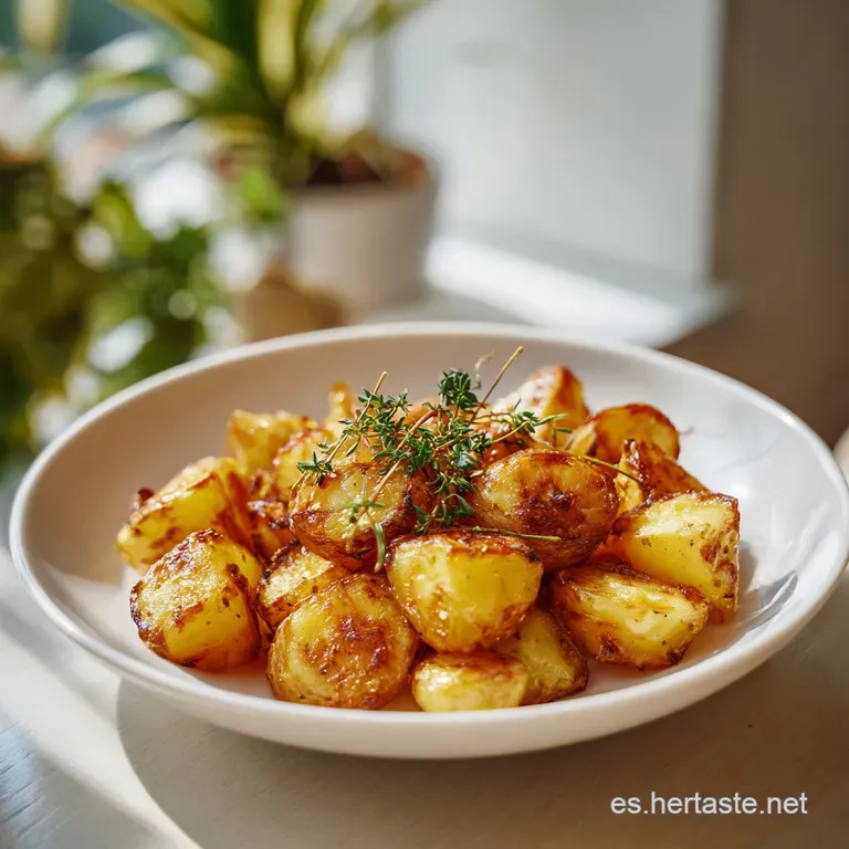 Rustic skillet of browned potatoes, subtly herbed, with a sprig of rosemary, inviting a comforting and home-style meal.