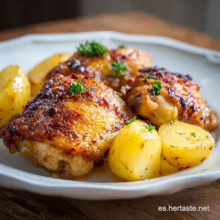 Plated chicken and potatoes glistening with savory juices, garnished with bright cilantro sprigs against a white plate.