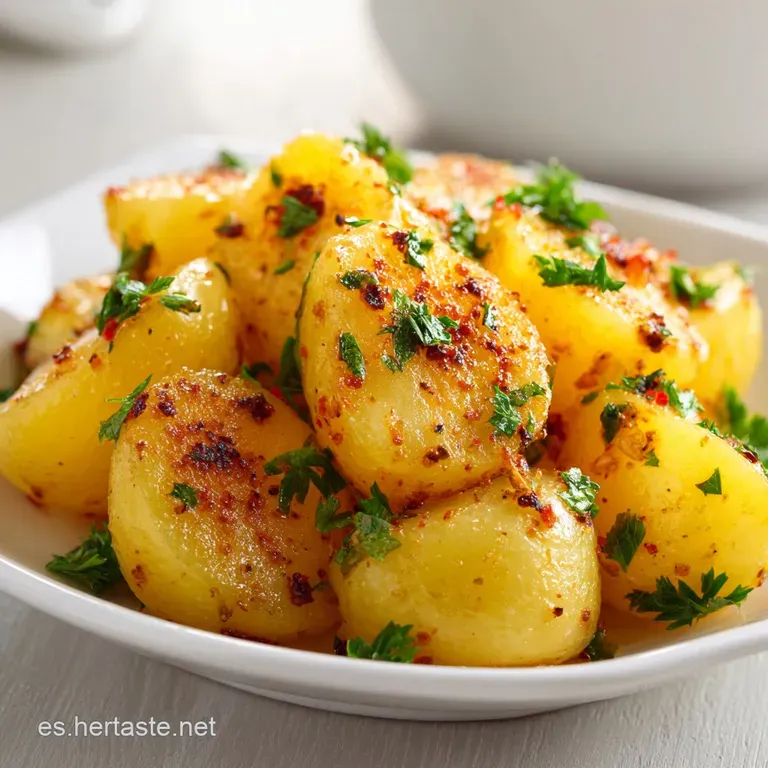 A serving of tender potatoes with bright peppers, artfully arranged on a white plate. Hints of steam suggest warmth and fl...