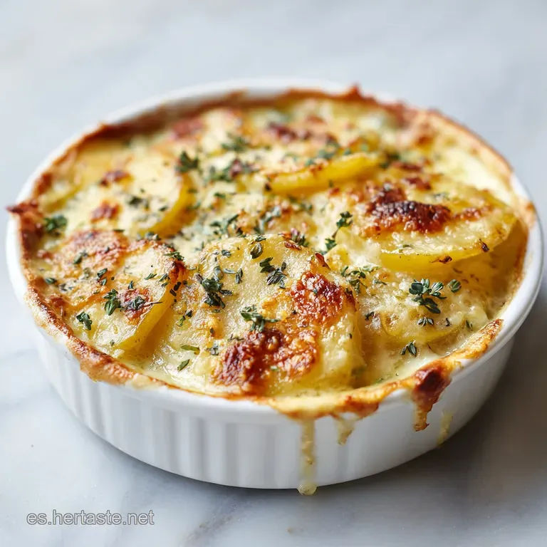 Elegant slice of baked potato gratin with a golden crust, served on a white plate with fresh herbs.