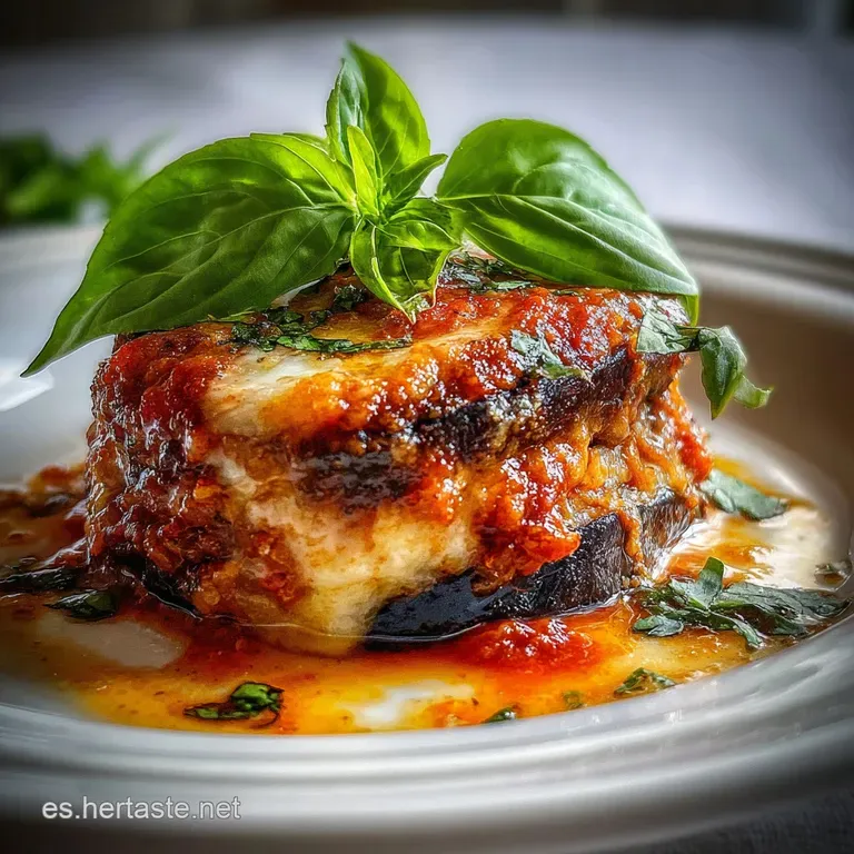 Layered eggplant parm on a white plate, steam rising. The rich red tomato sauce glistens, garnished with vibrant green basil.
