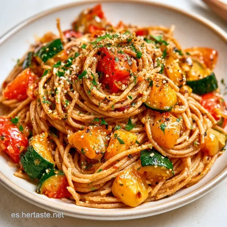 Pasta integral enrollada en plato blanco con hilos de aceite dorado y hojas de perejil fresco picado encima.