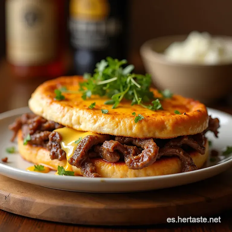 Pastel De Carne Philly Cheesesteak presentation