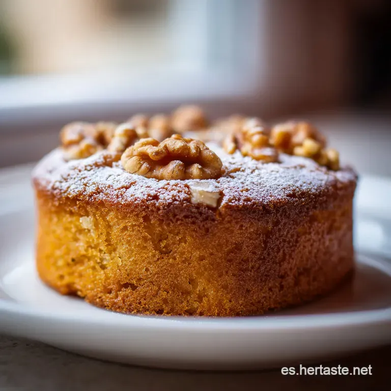 Slice of nutty cake with a light crumb, sits on a white plate. Powdered sugar dusting creates a soft texture.
