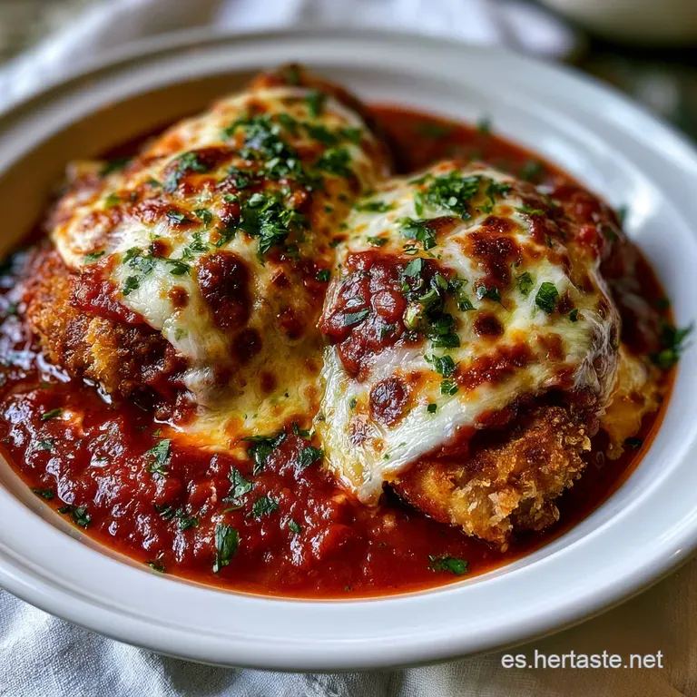 Porci&oacute;n triangular de pollo empanizado crujiente, ba&ntilde;ada en salsa espesa y queso blanco, decorada con albahaca fresca.