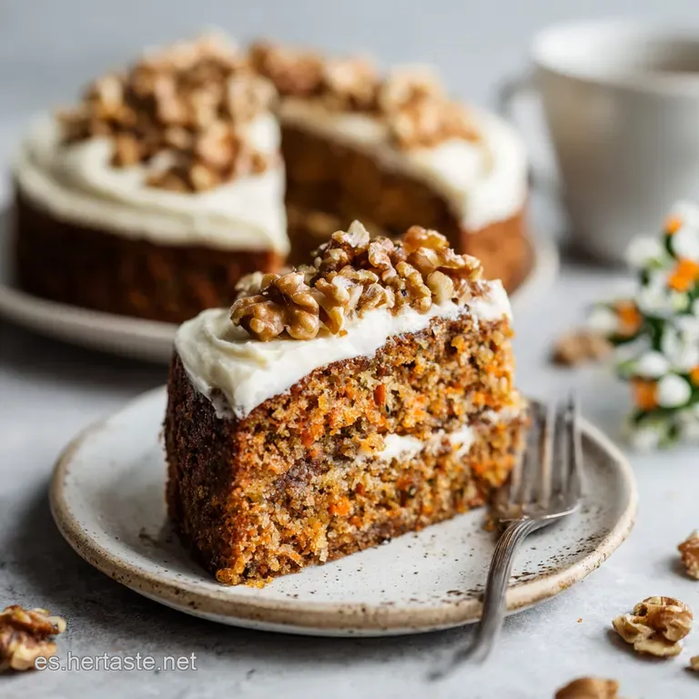 A slice of tender carrot cake with visible nuts, artfully plated with a dollop of cream.