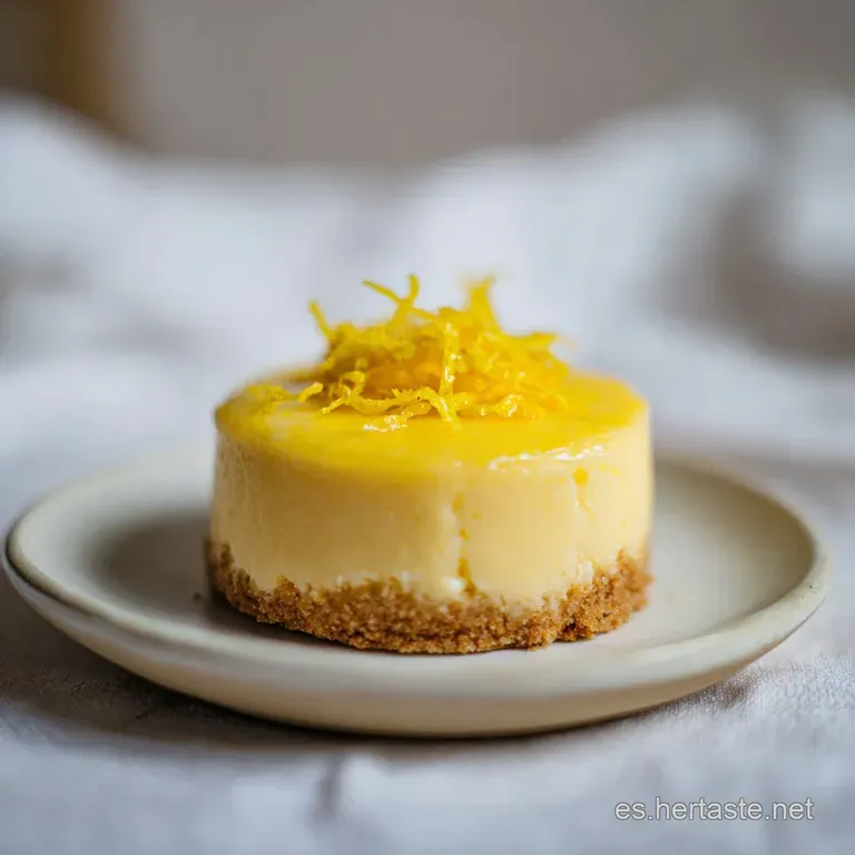 Porci&oacute;n triangular de mousse amarilla suave en plato blanco, decorada con frutos rojos y un hilo de sirope brillante.