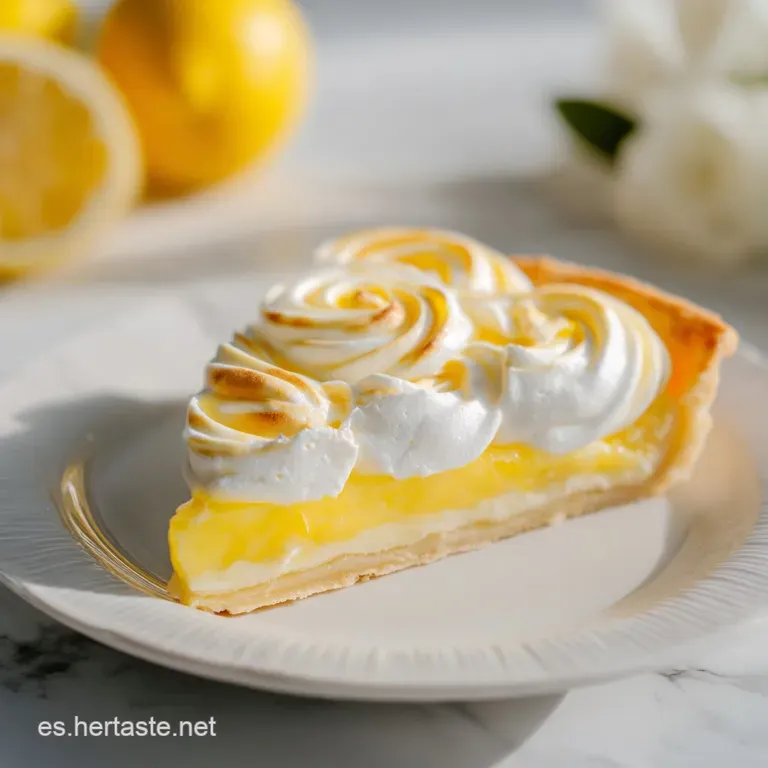 Porci&oacute;n triangular de tarta c&iacute;trica con picos de merengue blanco flameado sobre un plato blanco y una hoja de menta verde.